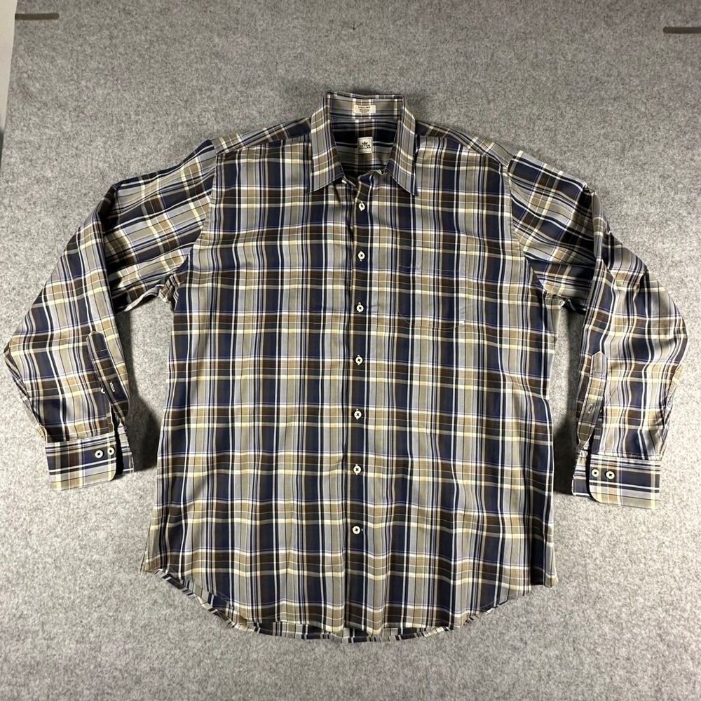 Peter Millar Button Down Shirt XL Blue Brown Plaid Mens Long Sleeve Cotton